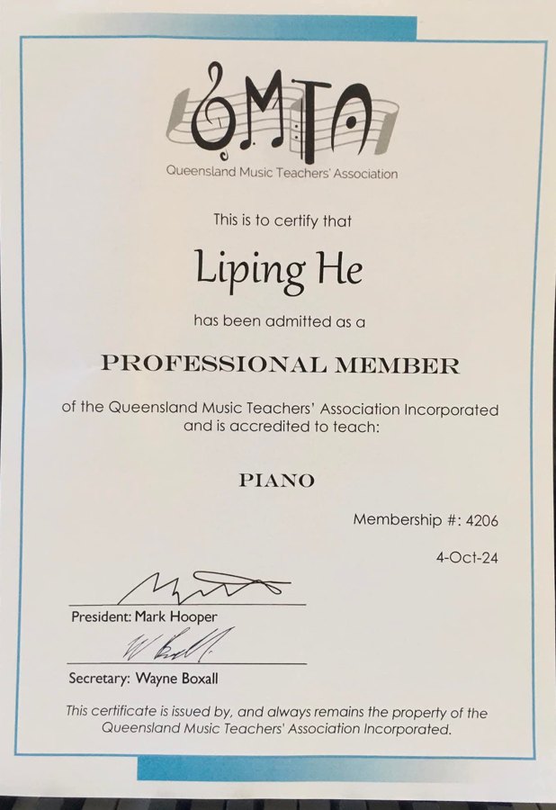 QMTA Professional Member certificate for Liping He, membership no. 4206